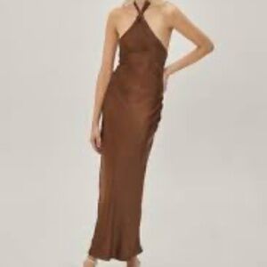 Nastygal Knot Halter Neck Satin Midi Dress in Brown